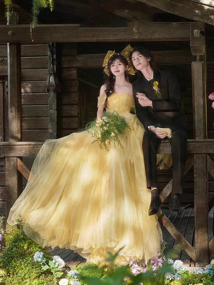 Niedliches Ballkleid, schulterfrei, gelber Tüll, Sweet 16 Kleider, Quinceañera Kleid, lang, 15 Vestidos De Fiesta N1805
