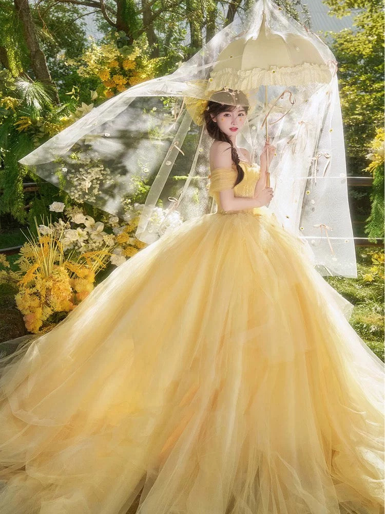 Niedliches Ballkleid, schulterfrei, gelber Tüll, Sweet 16 Kleider, Quinceañera Kleid, lang, 15 Vestidos De Fiesta N1805