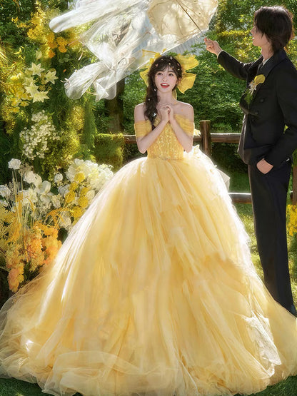 Niedliches Ballkleid, schulterfrei, gelber Tüll, Sweet 16 Kleider, Quinceañera Kleid, lang, 15 Vestidos De Fiesta N1805