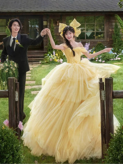 Niedliches Ballkleid, schulterfrei, gelber Tüll, Sweet 16 Kleider, Quinceañera Kleid, lang, 15 Vestidos De Fiesta N1805