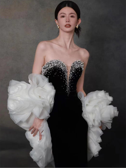 Sexy Abendkleider Damen Meerjungfrau Ausschnitt Schwarz mit Cape Langes Ballkleid Partykleid Modekleider N1808