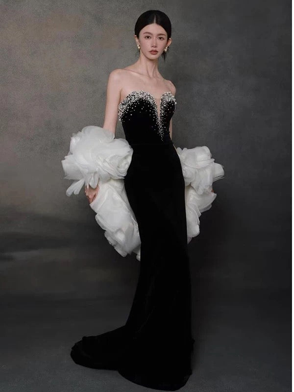 Sexy Abendkleider Damen Meerjungfrau Ausschnitt Schwarz mit Cape Langes Ballkleid Partykleid Modekleider N1808