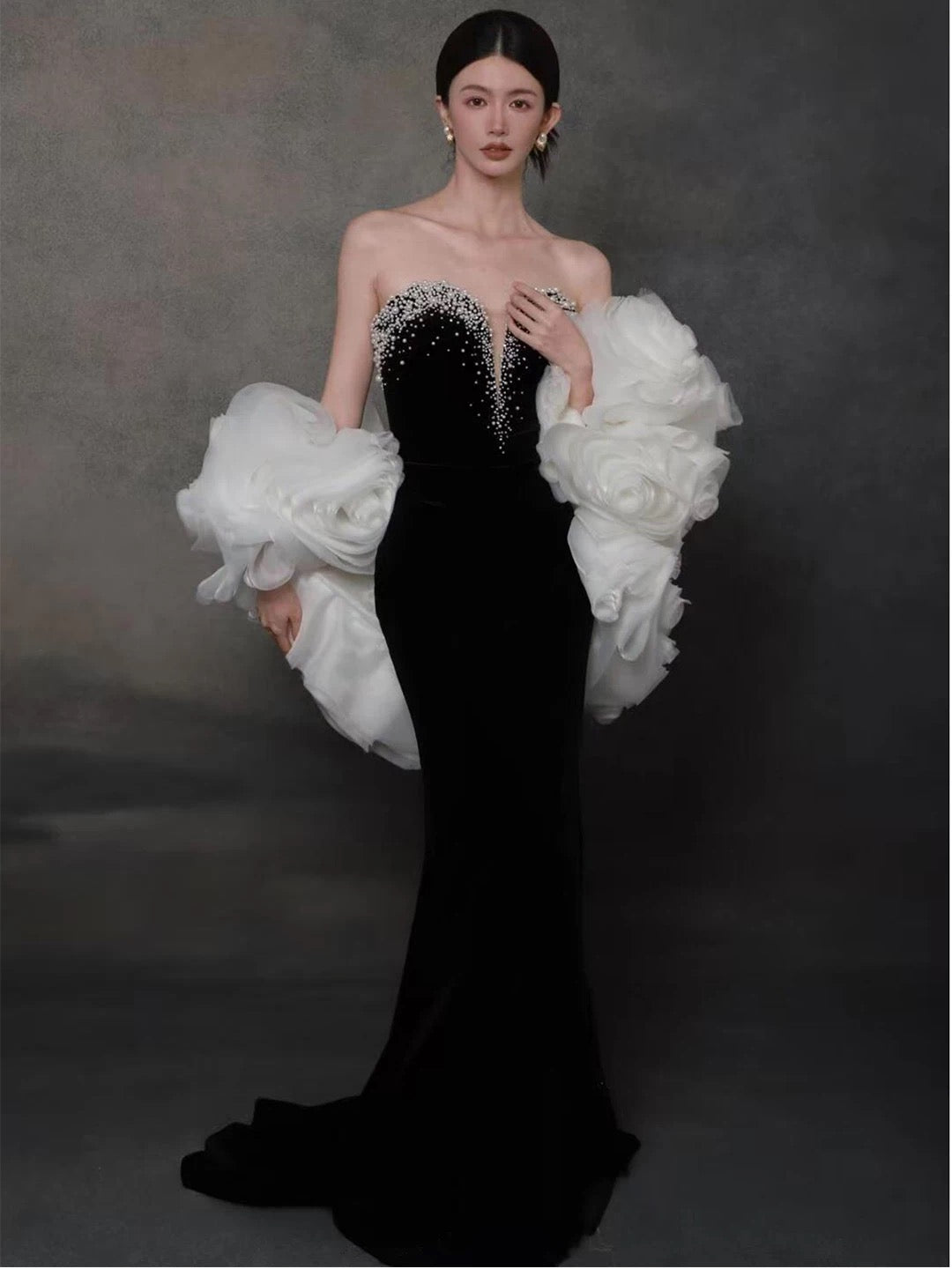Sexy Abendkleider Damen Meerjungfrau Ausschnitt Schwarz mit Cape Langes Ballkleid Partykleid Modekleider N1808