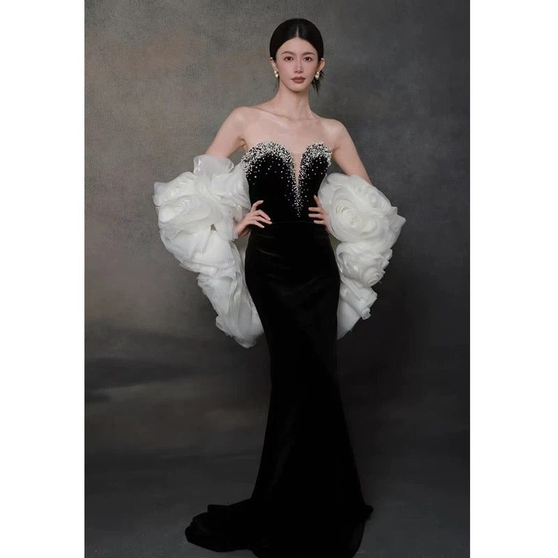 Sexy Abendkleider Damen Meerjungfrau Ausschnitt Schwarz mit Cape Langes Ballkleid Partykleid Modekleider N1808