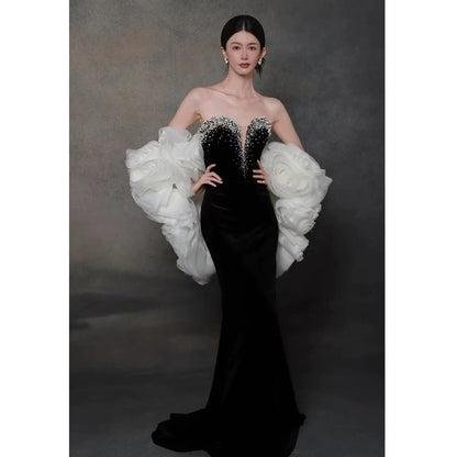 Sexy Abendkleider Damen Meerjungfrau Ausschnitt Schwarz mit Cape Langes Ballkleid Partykleid Modekleider N1808