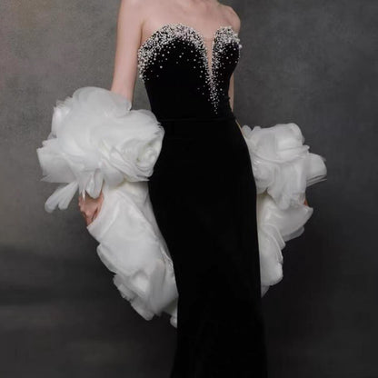 Sexy Abendkleider Damen Meerjungfrau Ausschnitt Schwarz mit Cape Langes Ballkleid Partykleid Modekleider N1808