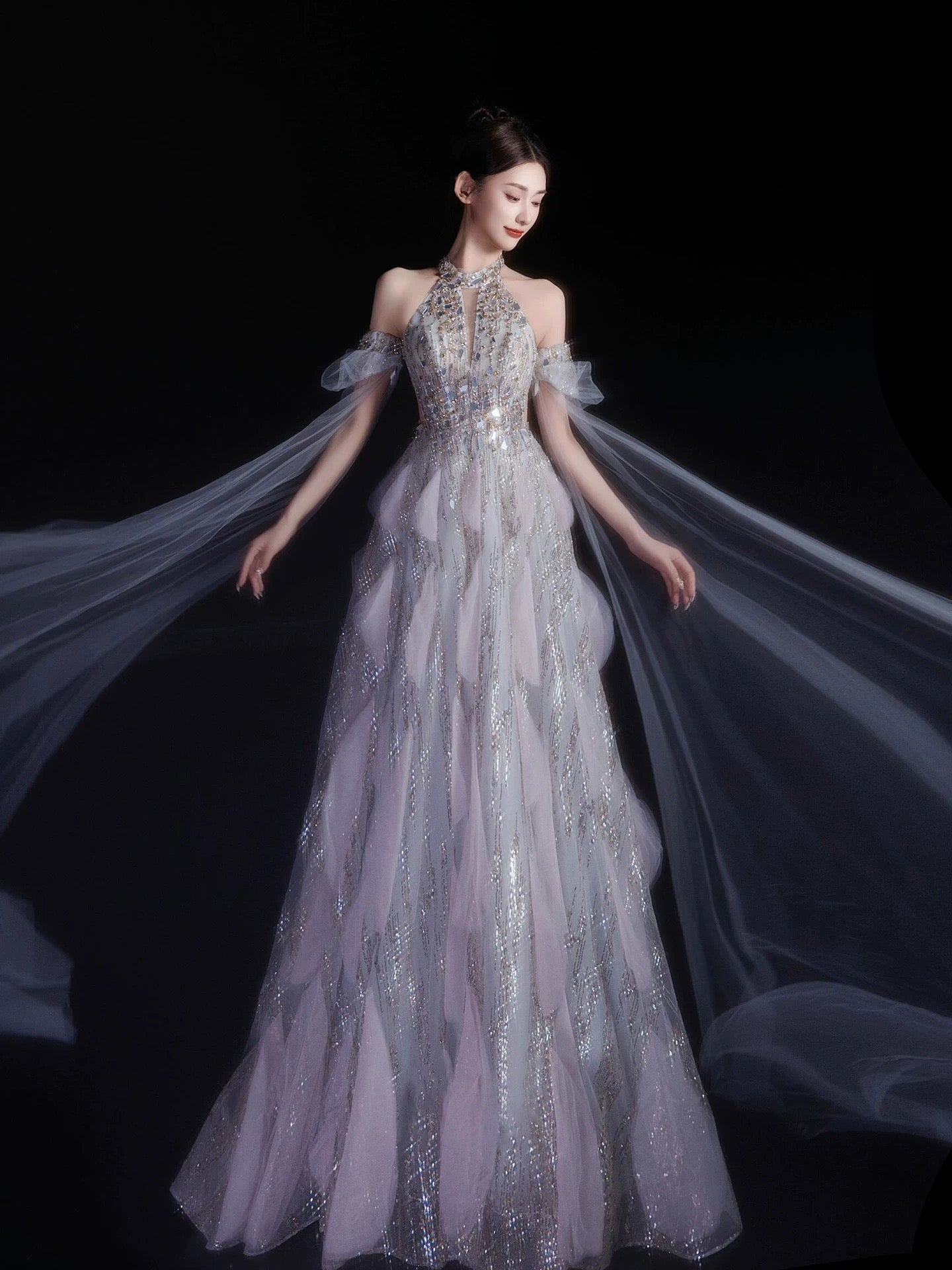 Sexy Abendkleider für Damen, A-Linie, hoher Kragen, lila Pailletten, langes Ballkleid, Partykleid, Modekleid N1810