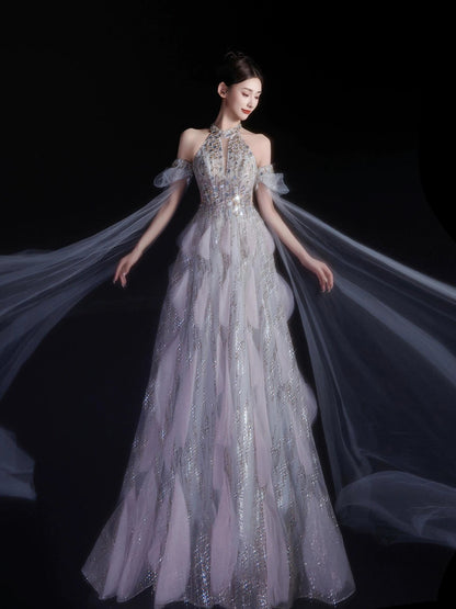 Sexy Abendkleider für Damen, A-Linie, hoher Kragen, lila Pailletten, langes Ballkleid, Partykleid, Modekleid N1810
