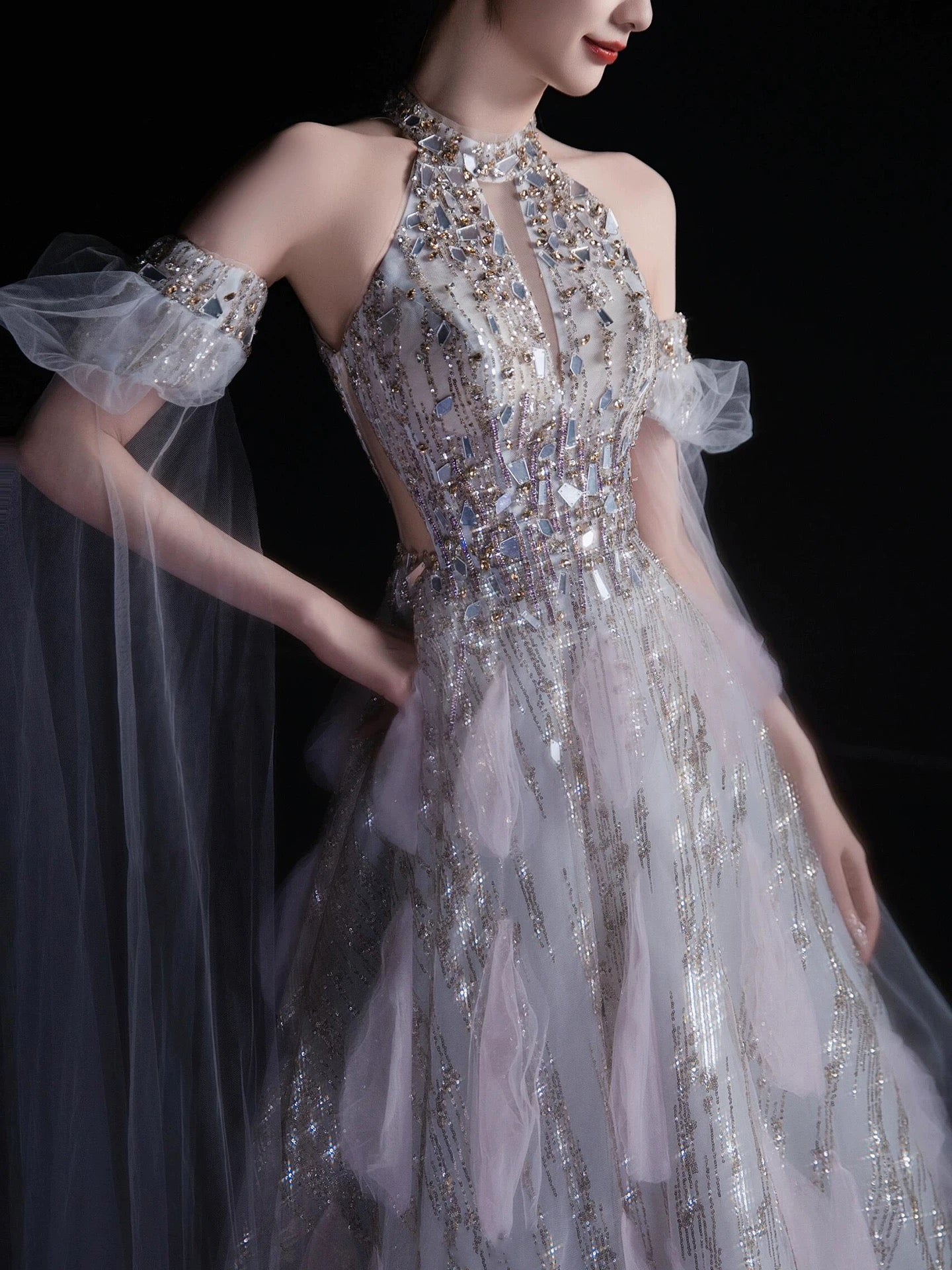 Sexy Abendkleider für Damen, A-Linie, hoher Kragen, lila Pailletten, langes Ballkleid, Partykleid, Modekleid N1810