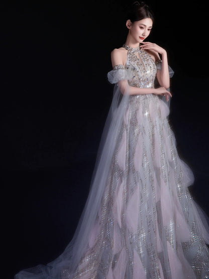 Sexy Abendkleider für Damen, A-Linie, hoher Kragen, lila Pailletten, langes Ballkleid, Partykleid, Modekleid N1810