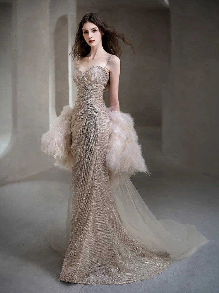 Sexy Abendkleider für Damen, Meerjungfrauen-Stil, Spaghettiträger, Champagnerfarbenes langes Ballkleid, Partykleid, Modekleid N1813