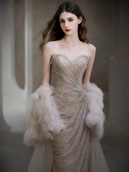 Sexy Abendkleider für Damen, Meerjungfrauen-Stil, Spaghettiträger, Champagnerfarbenes langes Ballkleid, Partykleid, Modekleid N1813