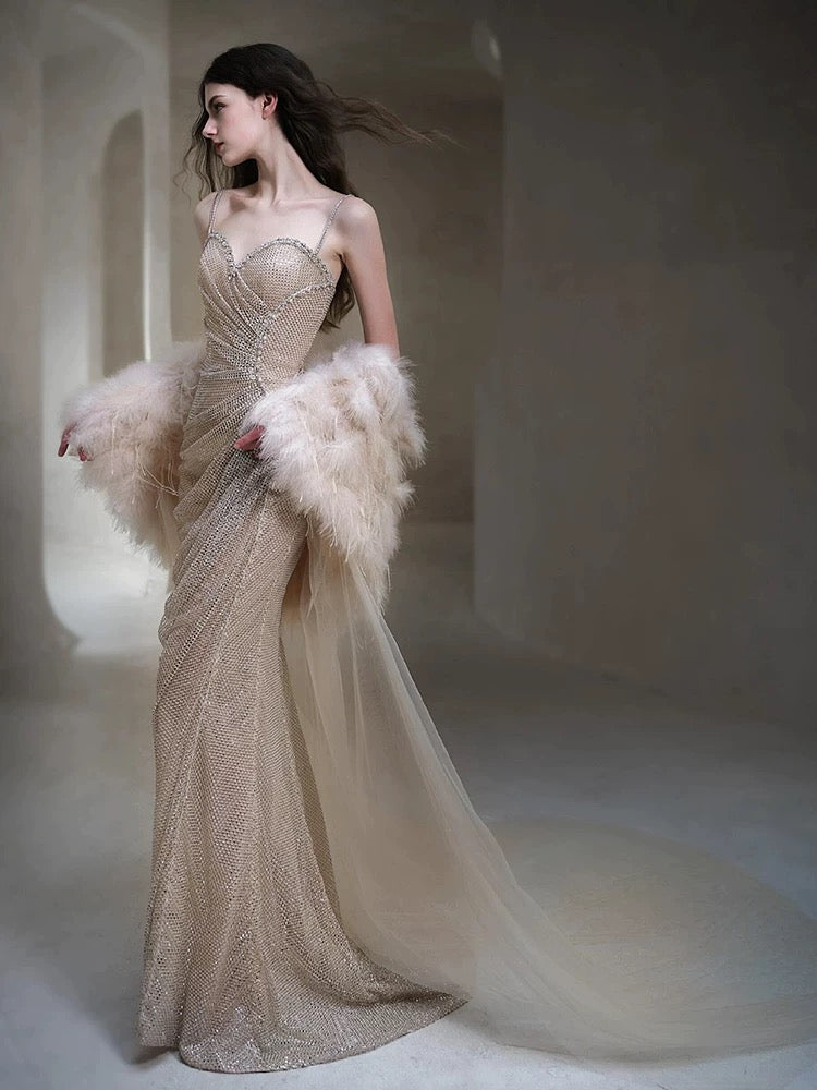Sexy Abendkleider für Damen, Meerjungfrauen-Stil, Spaghettiträger, Champagnerfarbenes langes Ballkleid, Partykleid, Modekleid N1813