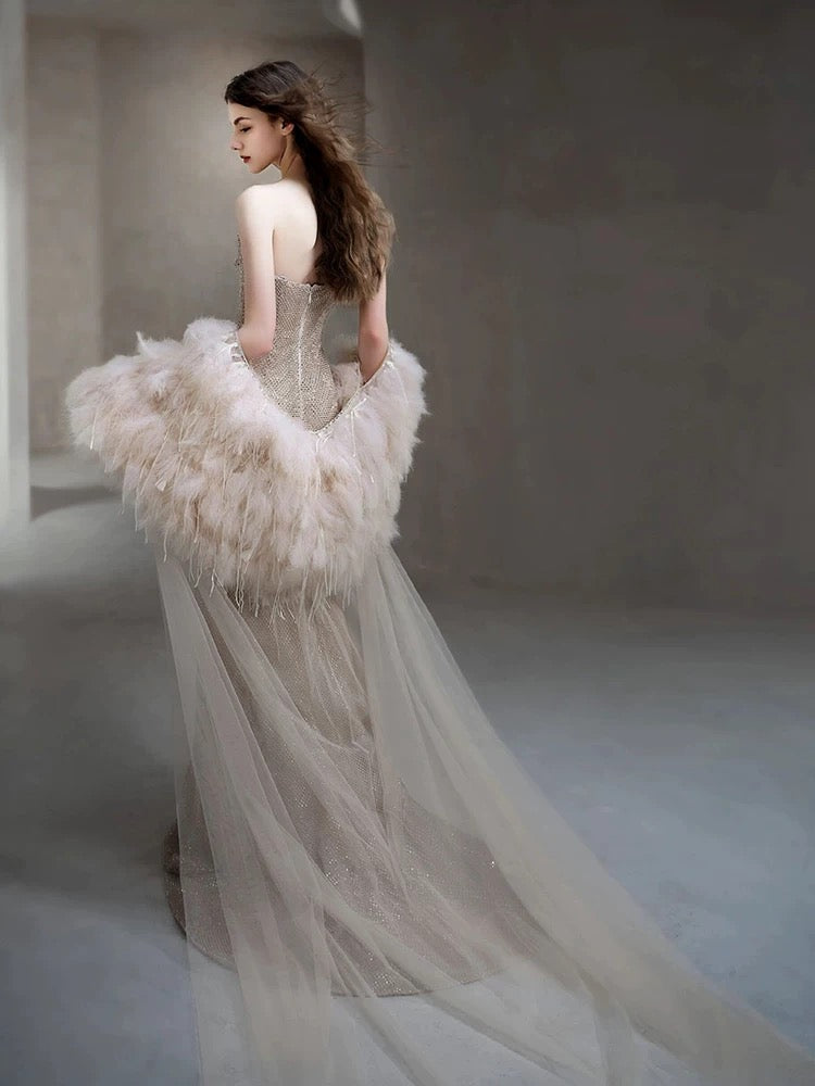 Sexy Abendkleider für Damen, Meerjungfrauen-Stil, Spaghettiträger, Champagnerfarbenes langes Ballkleid, Partykleid, Modekleid N1813