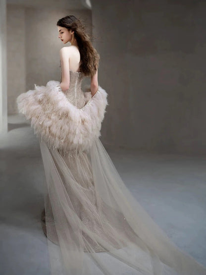 Sexy Abendkleider für Damen, Meerjungfrauen-Stil, Spaghettiträger, Champagnerfarbenes langes Ballkleid, Partykleid, Modekleid N1813