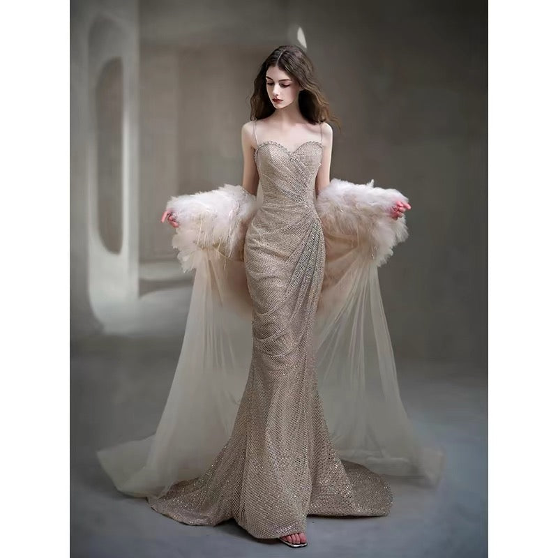 Sexy Abendkleider für Damen, Meerjungfrauen-Stil, Spaghettiträger, Champagnerfarbenes langes Ballkleid, Partykleid, Modekleid N1813