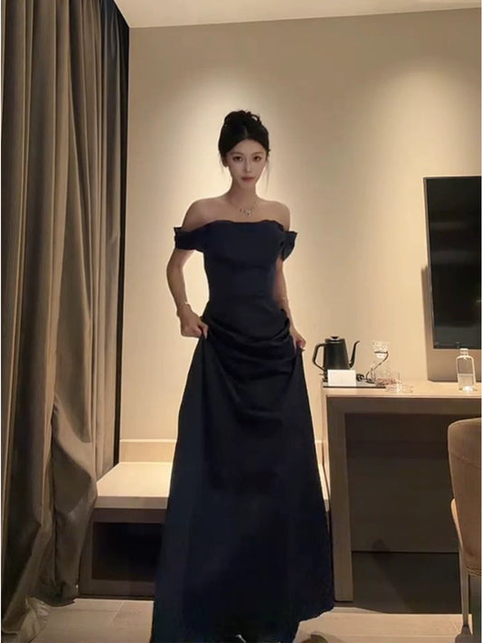 Sexy Evening Dresses Women A line Off The Shoulder Black Satin With Sleeves Long Prom Gown Party Wear Fashion Dresses N1812