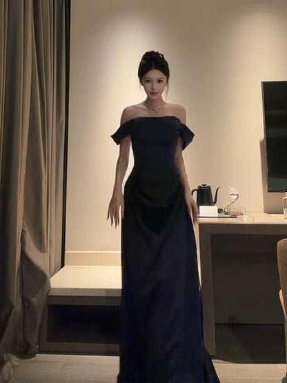 Sexy Abendkleider für Damen, A-Linie, schulterfrei, schwarzer Satin, langes Ballkleid mit Ärmeln, Partykleid, Modekleid N1812