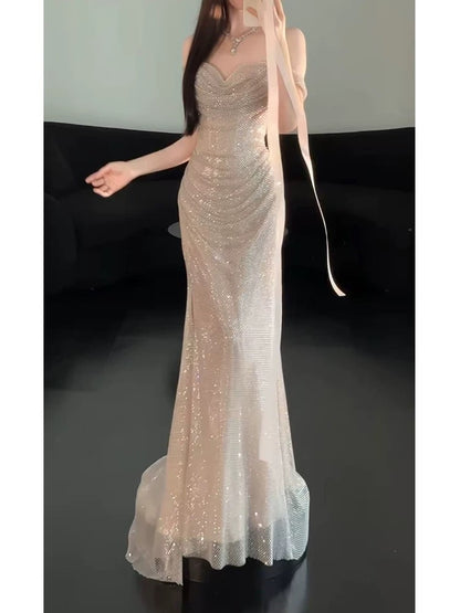 Robe de soirée sexy sirène épaules dénudées champagne à sequins manches longues, robe de bal, tenue de soirée, robe tendance N1814