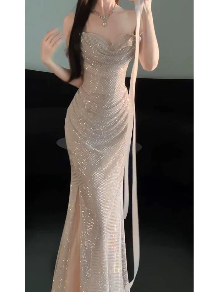 Robe de soirée sexy sirène épaules dénudées champagne à sequins manches longues, robe de bal, tenue de soirée, robe tendance N1814