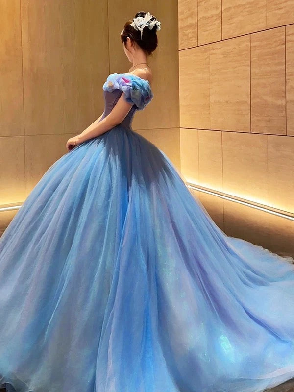 Robe de bal mignonne à épaules dénudées en tulle bleu, robe de quinceañera longue, taille 15, Vestidos De Fiesta N1815