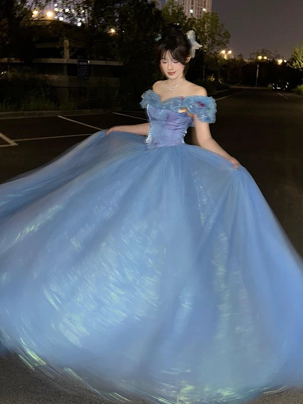 Robe de bal mignonne à épaules dénudées en tulle bleu, robe de quinceañera longue, taille 15, Vestidos De Fiesta N1815