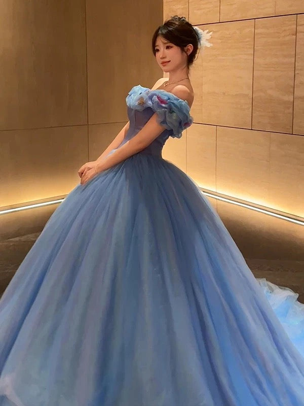 Robe de bal mignonne à épaules dénudées en tulle bleu, robe de quinceañera longue, taille 15, Vestidos De Fiesta N1815