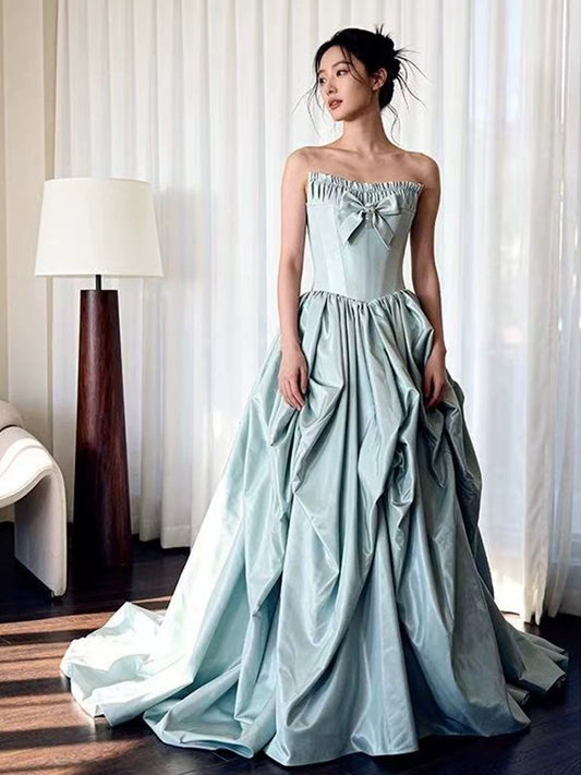 Sexy Evening Dresses Women Ball Gown Strapless Satin With Bow-knot Long Prom Gown Party Wear Fashion Dresses N1816