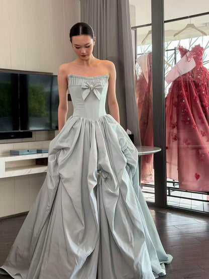 Sexy Evening Dresses Women Ball Gown Strapless Satin With Bow-knot Long Prom Gown Party Wear Fashion Dresses N1816