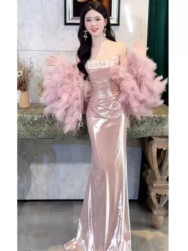 Sexy Abendkleider für Damen, Meerjungfrauen-Stil, Spaghettiträger, rosa, langes Ballkleid, Partykleid, Modekleid N1817