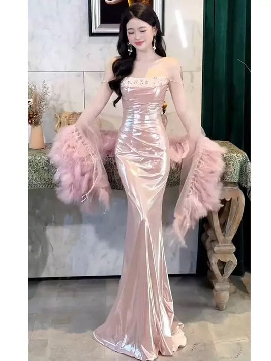 Sexy Evening Dresses Women Mermaid Spaghetti Straps Pink Long Prom Gown Party Wear Fashion Dresses N1817