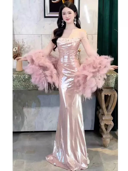 Sexy Abendkleider für Damen, Meerjungfrauen-Stil, Spaghettiträger, rosa, langes Ballkleid, Partykleid, Modekleid N1817