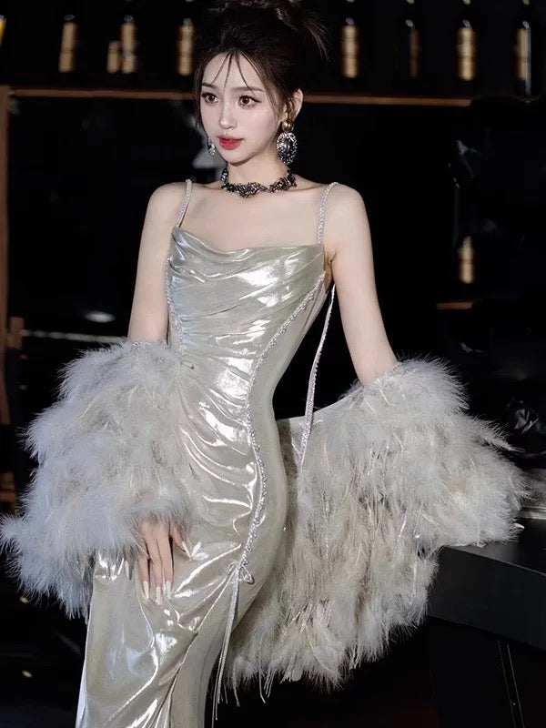 Robe de bal longue argentée à fines bretelles, style sirène, pour femme sexy, N1818