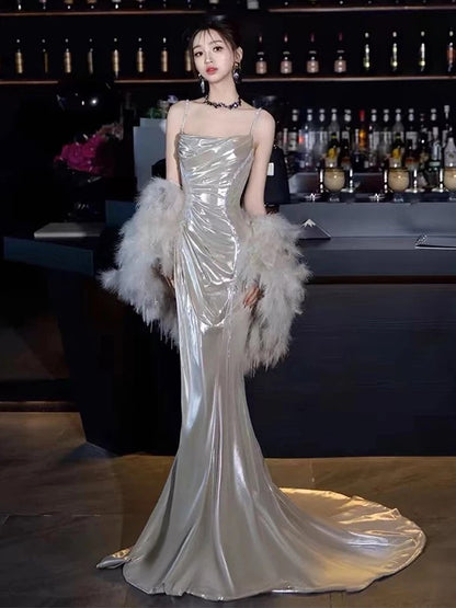 Robe de bal longue argentée à fines bretelles, style sirène, pour femme sexy, N1818