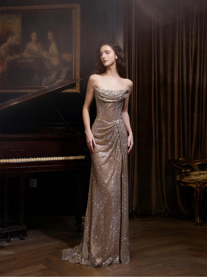 Sexy Abendkleider für Damen, Meerjungfrauen-Stil, trägerlos, champagnerfarben, mit Schlitz, langes Ballkleid, Partykleid, Modekleid N1819