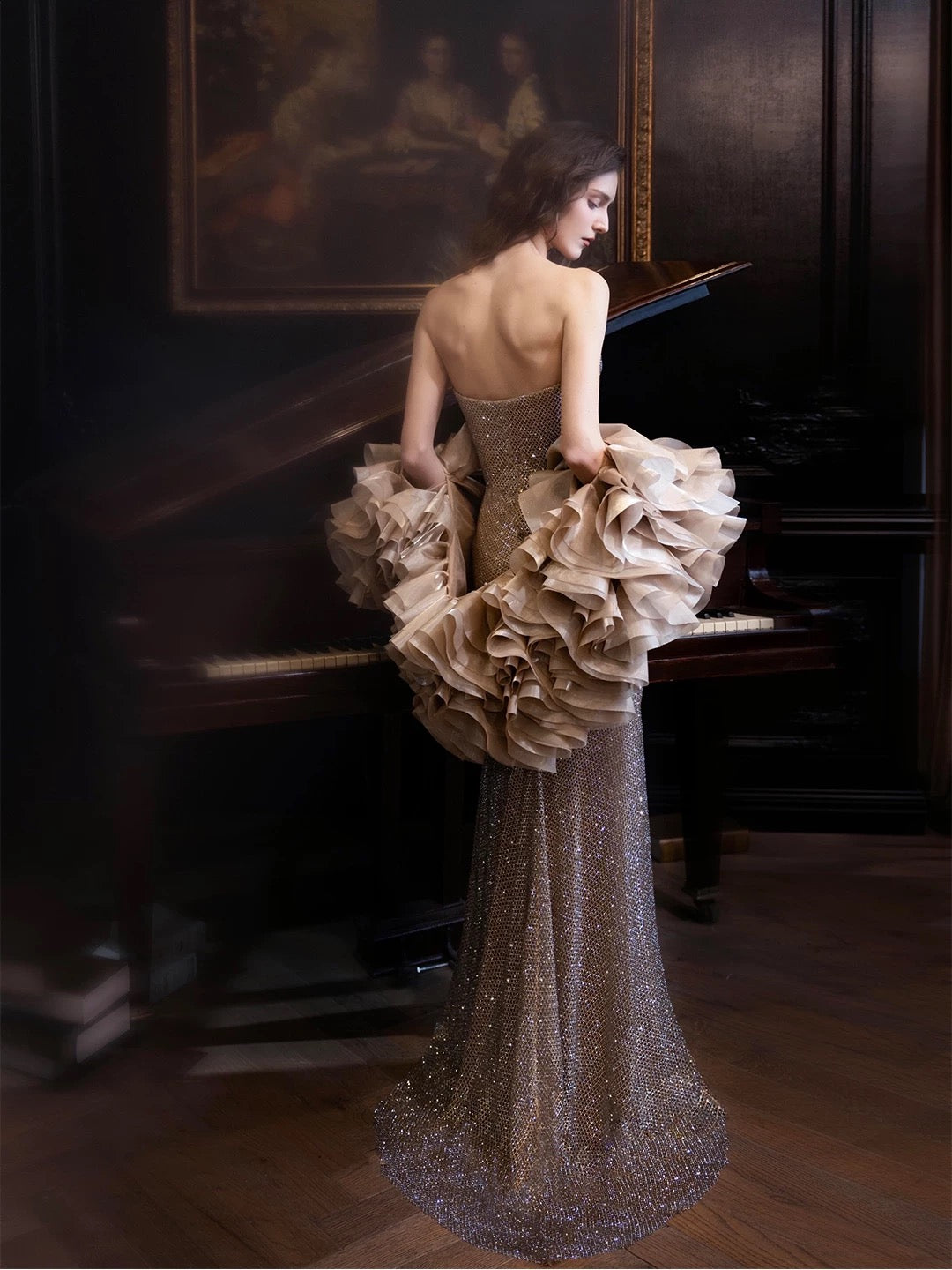 Sexy Abendkleider für Damen, Meerjungfrauen-Stil, trägerlos, champagnerfarben, mit Schlitz, langes Ballkleid, Partykleid, Modekleid N1819