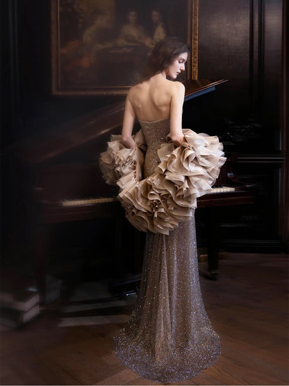 Sexy Abendkleider für Damen, Meerjungfrauen-Stil, trägerlos, champagnerfarben, mit Schlitz, langes Ballkleid, Partykleid, Modekleid N1819
