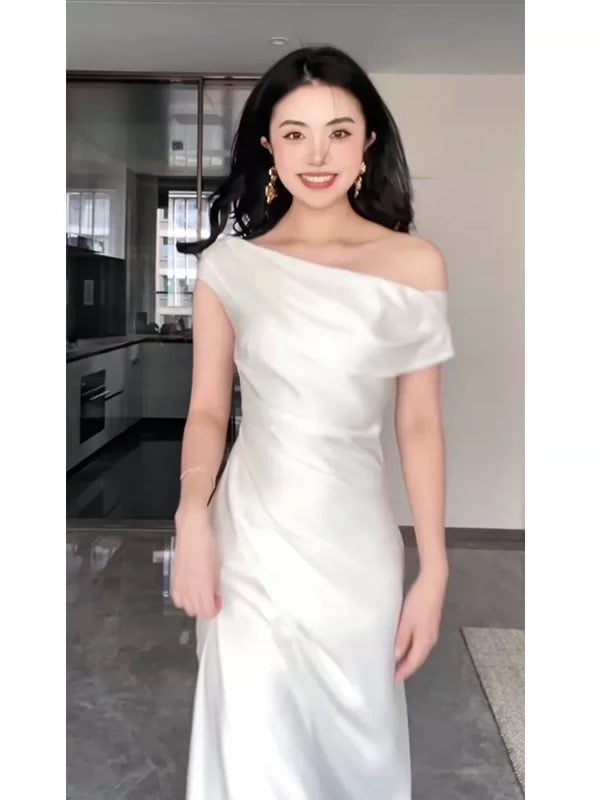Einfaches, schulterfreies, weißes, langes Meerjungfrauen-Abendkleid, Partykleid, Modekleid N1822