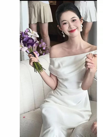 Einfaches, schulterfreies, weißes, langes Meerjungfrauen-Abendkleid, Partykleid, Modekleid N1822