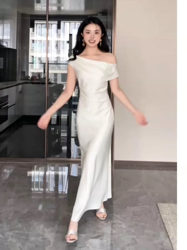 Einfaches, schulterfreies, weißes, langes Meerjungfrauen-Abendkleid, Partykleid, Modekleid N1822
