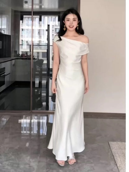 Einfaches, schulterfreies, weißes, langes Meerjungfrauen-Abendkleid, Partykleid, Modekleid N1822