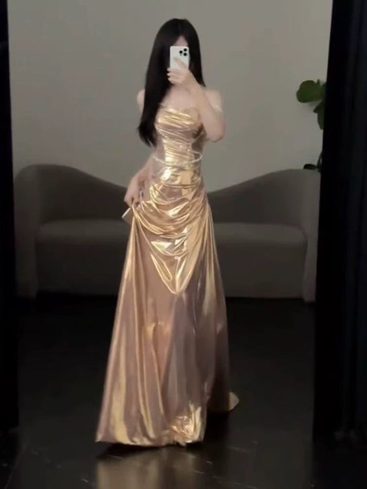 Sexy Damen Meerjungfrau schulterfrei Gold langes Ballkleid Partykleid Modekleider N2045