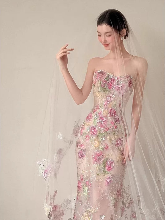 Sexy Damen Meerjungfrau Sweetheart Blumen Spitze Langes Ballkleid Partykleid Mode Kleider N2046
