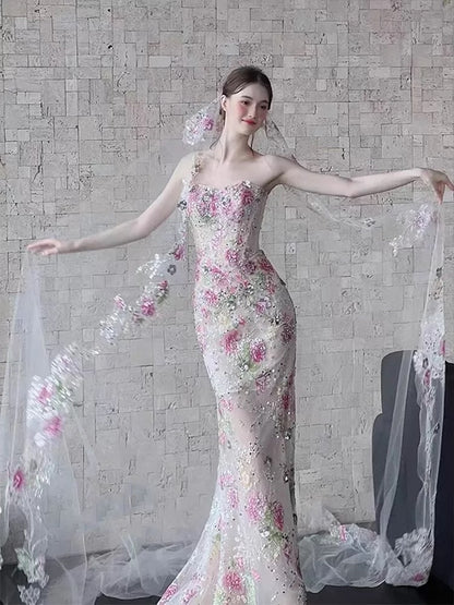 Sexy Damen Meerjungfrau Sweetheart Blumen Spitze Langes Ballkleid Partykleid Mode Kleider N2046