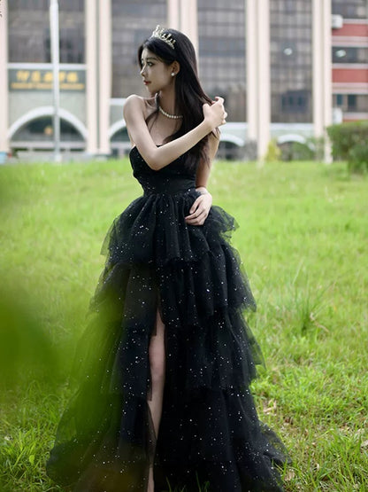 Cute Ball Gown Strapless Black Tulle Split Long Party Gowns Prom Dresses N2035