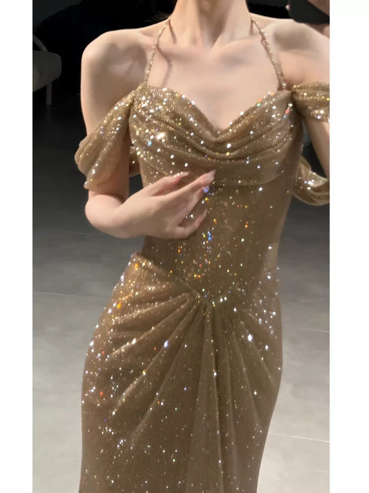 Sexy Meerjungfrau-Kleid für Frauen, schulterfrei, goldene Pailletten, langes Ballkleid, Party-Outfit, Modekleider N2044
