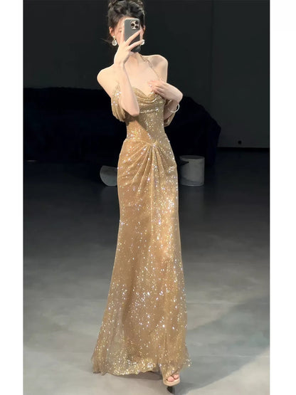 Sexy Meerjungfrau-Kleid für Frauen, schulterfrei, goldene Pailletten, langes Ballkleid, Party-Outfit, Modekleider N2044