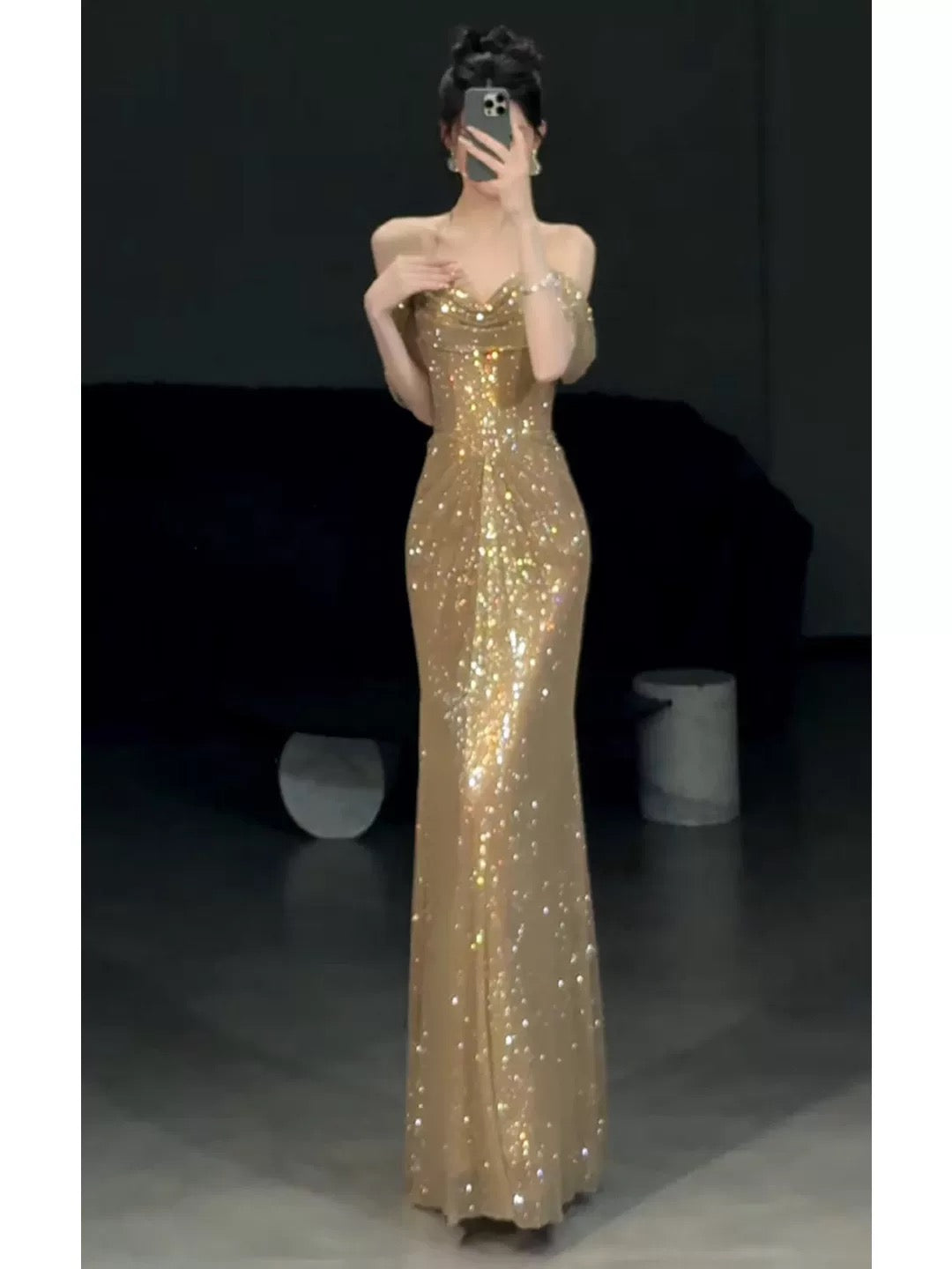 Sexy Meerjungfrau-Kleid für Frauen, schulterfrei, goldene Pailletten, langes Ballkleid, Party-Outfit, Modekleider N2044