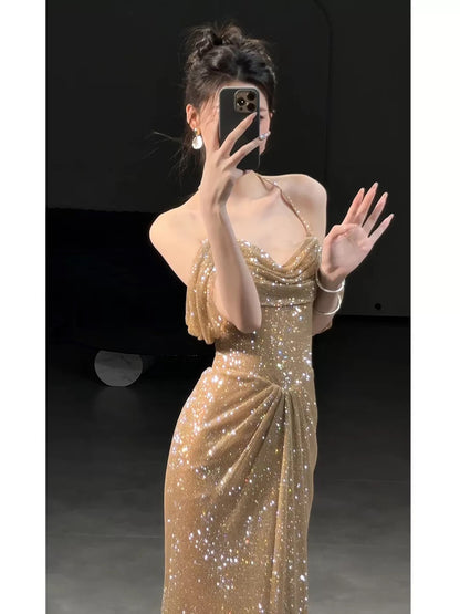 Sexy Meerjungfrau-Kleid für Frauen, schulterfrei, goldene Pailletten, langes Ballkleid, Party-Outfit, Modekleider N2044