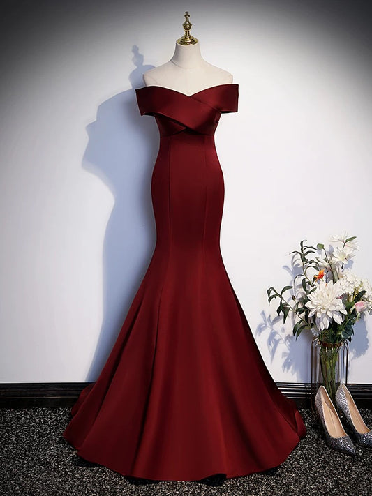 Sexy Damen Meerjungfrau schulterfrei Burgunder Satin Lange Ballkleid Partykleid Modekleider N2047
